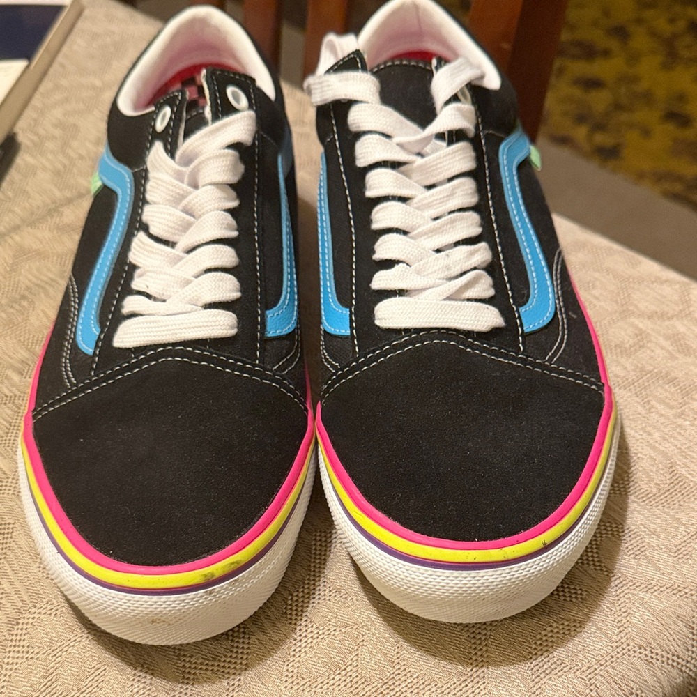 Vans Men's Black Sneakers with Blue and Pink Accents